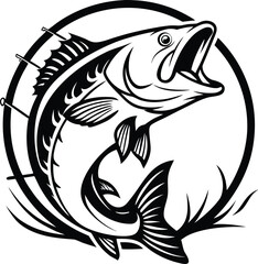 Graphic Largemouth Bass Jumping Out of Water Monochrome Fishing Icon with Strong Lines and Symmetrical Composition