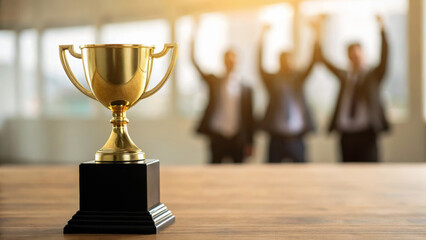 Celebrate business success happy party at office. Golden trophy award on wooden table with blurred business team celebrating success in background. Team corporate,achievement group victory,winning
