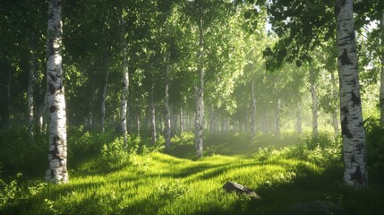 Sunny morning in a summer forest with clear skies