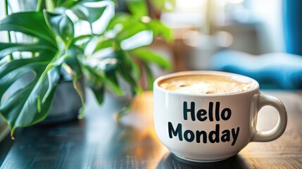hello monday coffee cup stand on table
