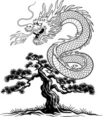 Dragon art illustration chinese dragon and tree black and white line drawing art