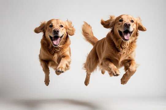 Two golden retrievers joyfully leap mid-air against a plain white backdrop, their tongues out and ears flapping, capturing a sense of unrestrained canine energy and happiness