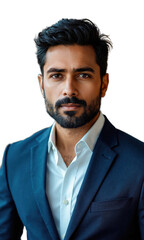 A South Asian businessman, standing with calm authority, exuding strategic thinking and leadership. His focused expression symbolizes innovation