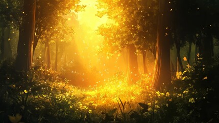 Sunny morning in the forest with golden light