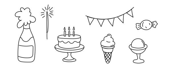 Birthday Party Decoration Element Set. Cake, champagne, Ice Cream, firework. Outline Contour Drawing Style Minimalist Design. Birthday Greeting Party Symbol Sign Doodle Art