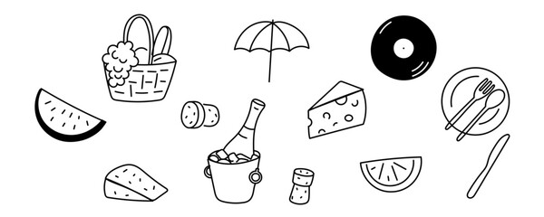 Party Decoration Element. Champagne Bottle in Ice, Cheese, Picnic Backet. Outline Contour Drawing Style Minimalist Design. Birthday Greeting Party Symbol Sign Doodle Silhouette Line Art.