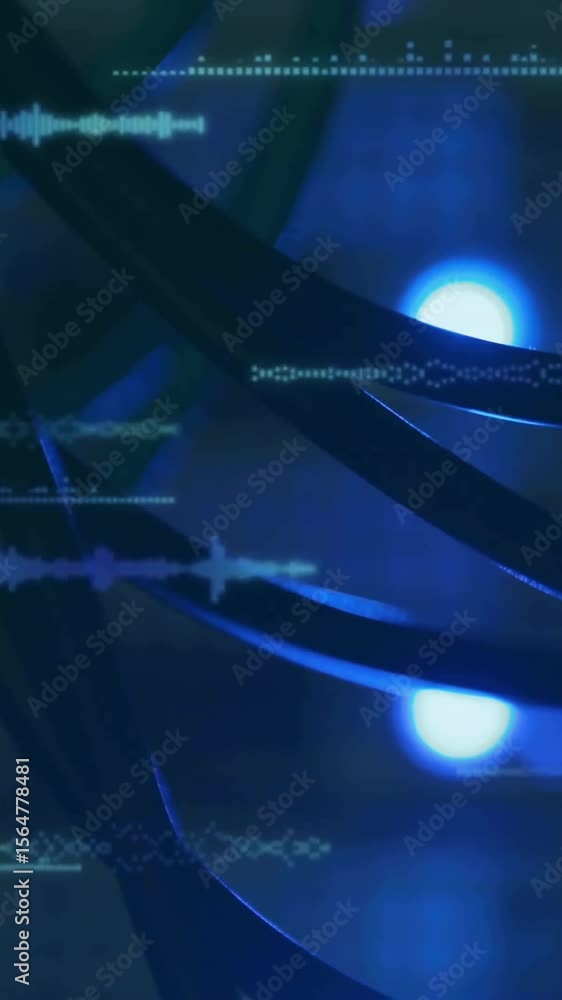 Poster animation of computer language and soundwaves over close up of wires in server room