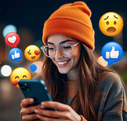 Young Woman Interacting with Social Media at Night