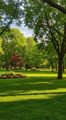 Obraz premium A view of a park with trees and flowers on a sunny day with green grass and a blue sky visible above them