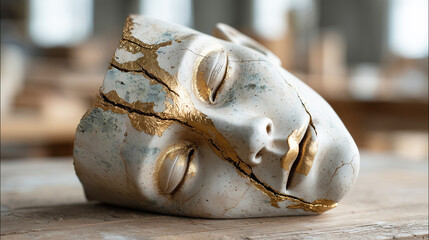 Mental health concept with broken face sculpture. Head repaired kintsugi style with gold showing beauty in imperfection.
