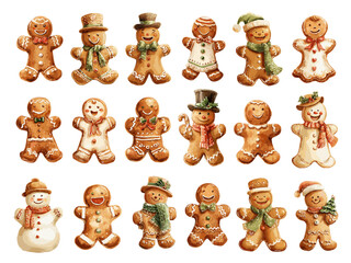 Gingerbread man watercolor vector set. Cute christmas sweet cookies characters, winter holiday decoration