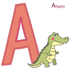 Playful crocodile next to the letter A in a colorful style on a white background with copy space