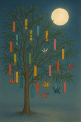 月明かりに照らされた木製の七夕ツリーと色とりどりの短冊｜折り鶴が揺れる幻想的な夜の祈りの風景｜伝統と願いが織りなす夏の一夜