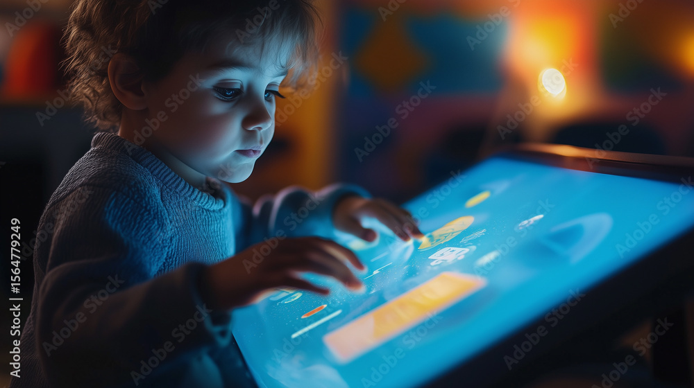 Poster child engaged in interactive learning through educational software on touchscreen tablet during even