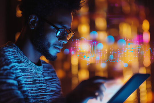 Blind man engages with adaptive screen reader technology in a dimly lit environment, enhancing accessibility and interaction