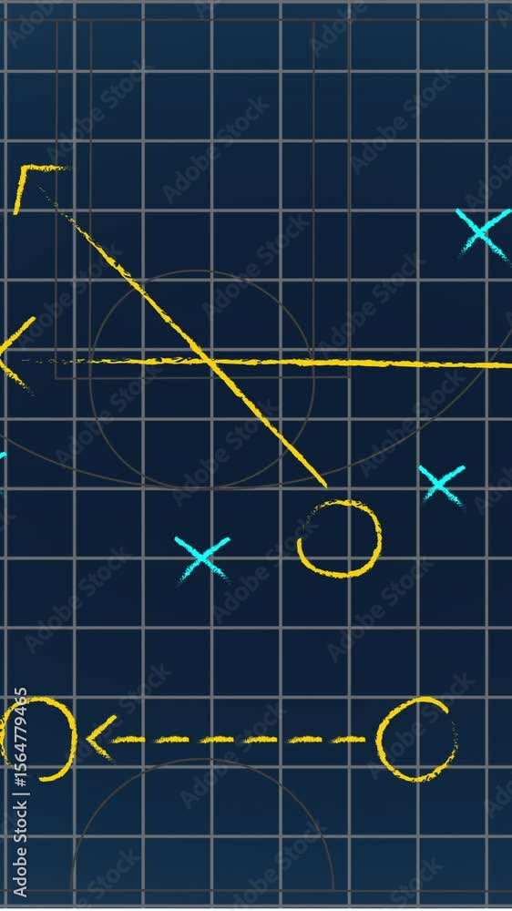 Poster animation of blue and yellow symbols and arrows on grid pattern against black background