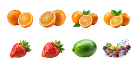 A colorful assortment of oranges, strawberries, and a lime isolated on white background, highlighting fresh ingredients