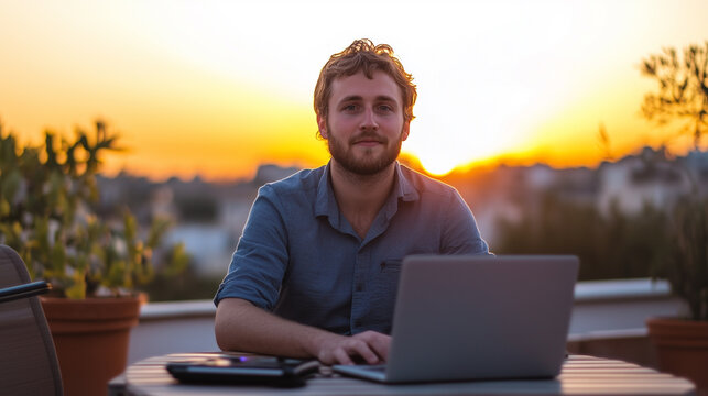 Man hosts live Q and A session about software subscriptions while enjoying sunset on patio