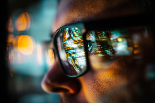 Man teaching virtual coding class with glasses, focused on screens displaying programming languages in a modern classroom setting - Powered by Adobe