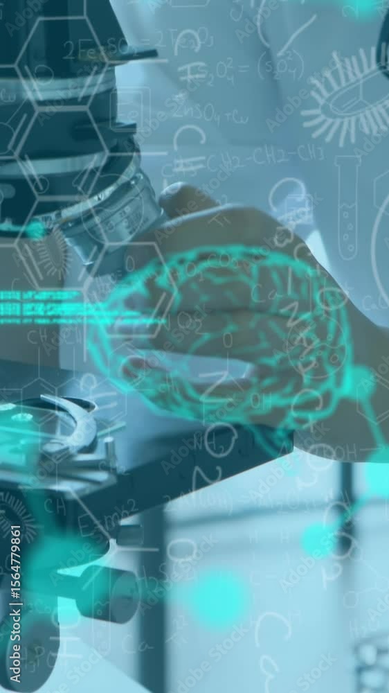 Poster animation of formulas and data processing over caucasian female lab worker using microscope