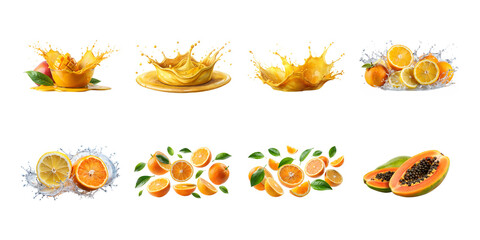 An invigorating display of orange and papaya fruits with juice splashes isolated on white background