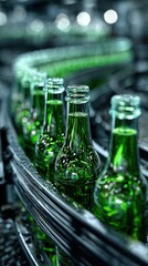 Green bottles moving along a conveyor belt in a manufacturing facility during daylight hours