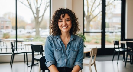 A confident woman with curly hair wearing a denim shirt sits in a cafe
