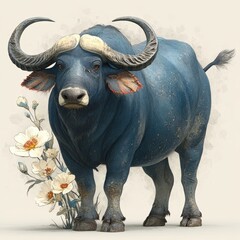 Obraz premium Blue Buffalo with Little Flower Collection in Artistic Illustration