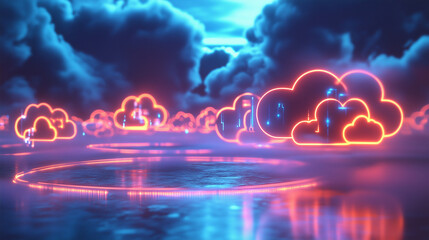 A futuristic social cloud network shines amid clouds and water, highlighting digital connectivity in a tech driven world