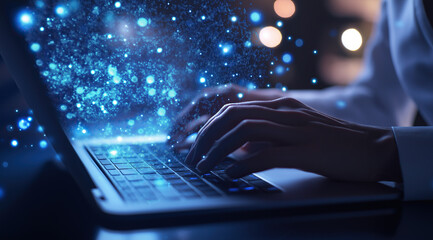 Skilled hands navigate complex programming interface on illuminated laptop display.