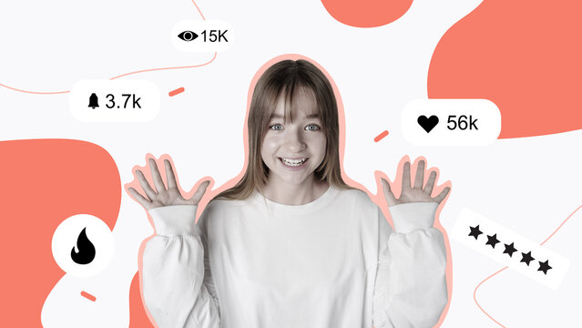 Smiling young woman posing with hands raised and social media metrics on a colorful background