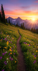Trail to the Horizon: A scenic pathway winds its way through a vibrant meadow, leading towards majestic mountains under a breathtaking sunset sky, evoking a sense of adventure and tranquility.