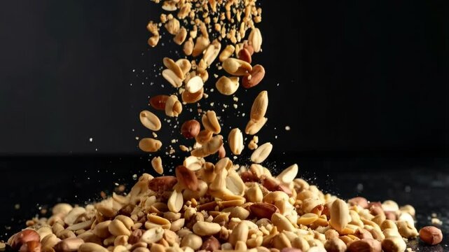 Shelled and unshelled peanuts falling and accumulating on a black surface, food photography, peanut kernels with dry and textured surfaces, nutrition