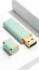 Fototapeta premium Minimalist USB drive with gold connector on white