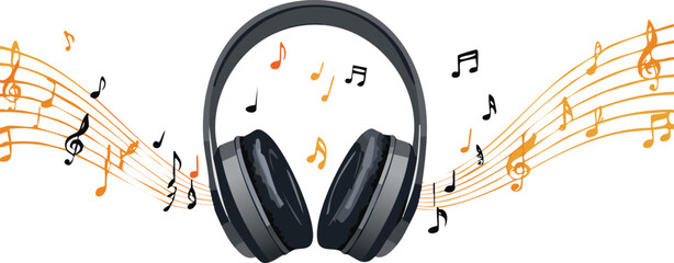 Vibrant Headphones Surrounded by Floating Music Notes