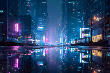 Obraz premium Neon Echoes: Reflections in a Nighttime Urban Landscape Amidst a Quiet City Symphony