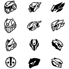 A collection of augmented reality combat helmet icons with a distinct, aggressive cyberpunk aesthetic