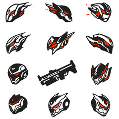 An icon set of futuristic armored heads, perfect for representing pilots, cyborgs, or advanced soldiers