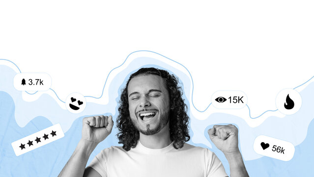 Celebration of achievements for a young man with expressive emotions and social media feedback