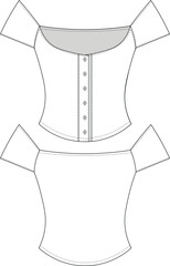 short sleeve cap sleeve off the shoulder u scoop neck buttoned fit sport elastic blouse top shirt template technical drawing flat sketch cad mockup fashion woman design style model 
