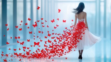 Fototapeta premium Elegant white moving forward, background dress dissolving into crimson butterflies against soft focus woman