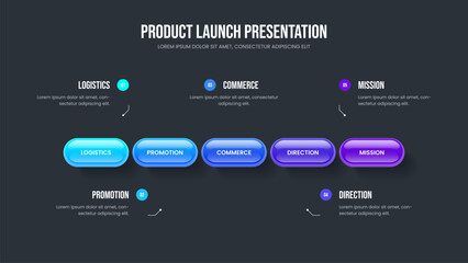 Marketing Solution Five Element Infographic Slideshow Design. Service Insight Frame Template Vector Illustration. Consulting Analysis 5 Step Diagram Slide Layout.