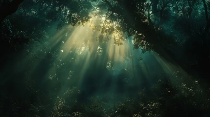 Sunrays shining through a dark forest creating a mystical atmosphere