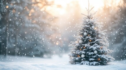 Glowing sunset illuminating drifting decorated christmas tree, snowflakes evergreen softly around festive white branches