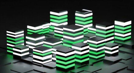 Abstract Futuristic Geometric Cityscape with Glowing Green Lights