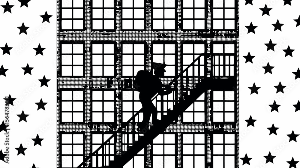 Poster silhouette of a person climbing stairs on a building with star patterned backgrounds on either side