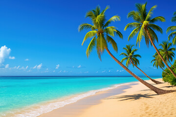Fototapeta premium Idyllic Tropical Beach: Turquoise Ocean, Palm Trees, Sunny Day