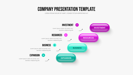 Enterprise Campaign Four Option Diagram Slideshow Layout. Product Performance 4 Step Infographic Slide Design. Marketing Analysis Frame Template Vector Illustration.