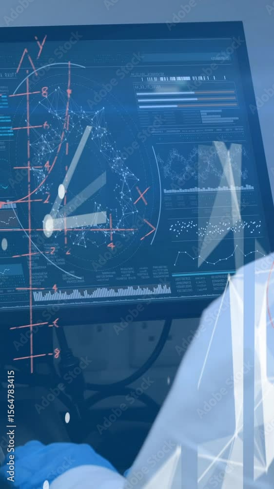 Poster animation of digital interface over woman using computer
