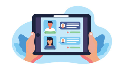 Hands holding a tablet showing a messaging app with profile pictures and text bubbles visible on screen